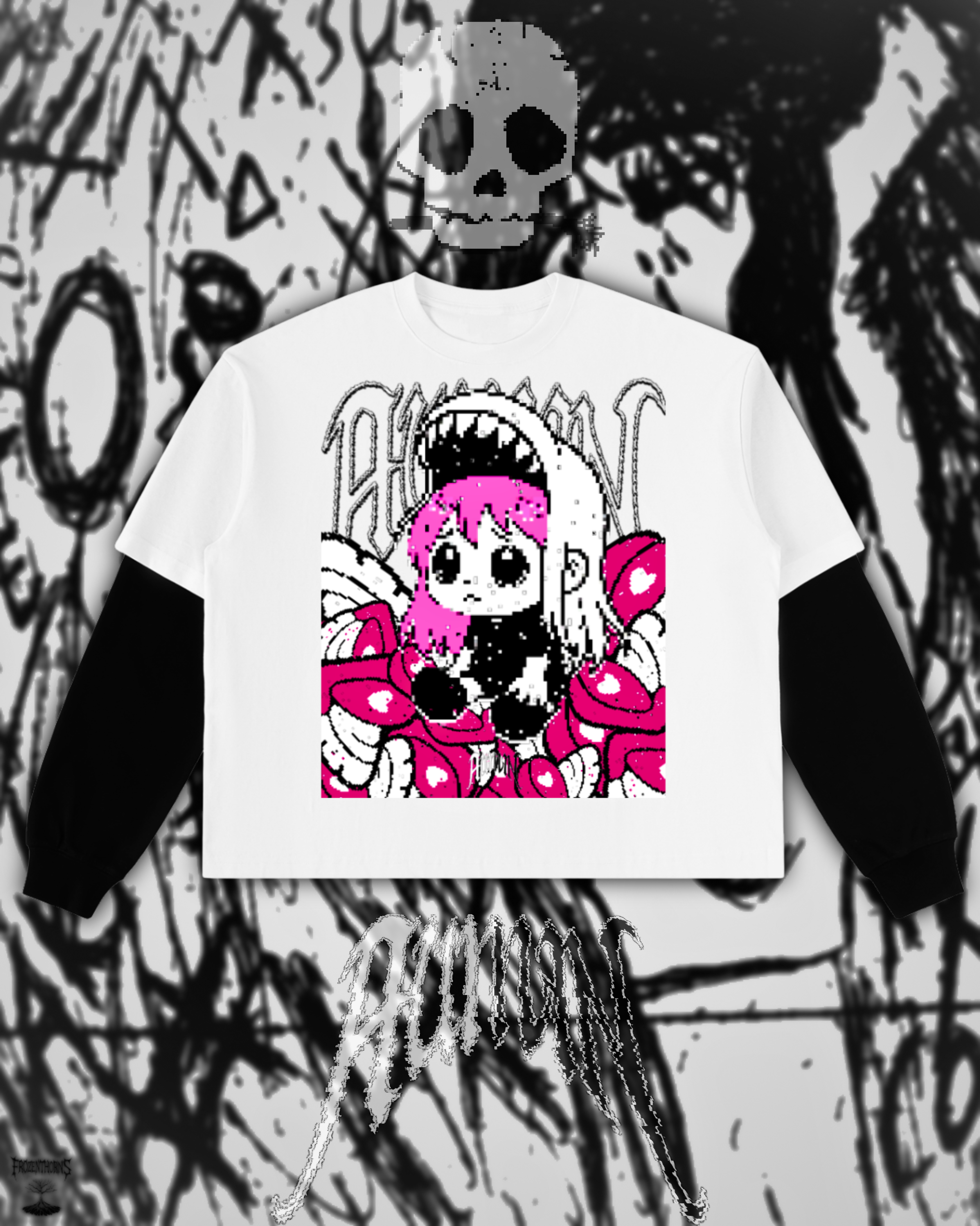 Contrast Sleeve Cotton T-Shirt - Cute Horror